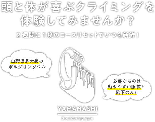 頭と体が喜ぶクライミングを体験してみませんか？2週間に1度のコースリセットでいつも新鮮！