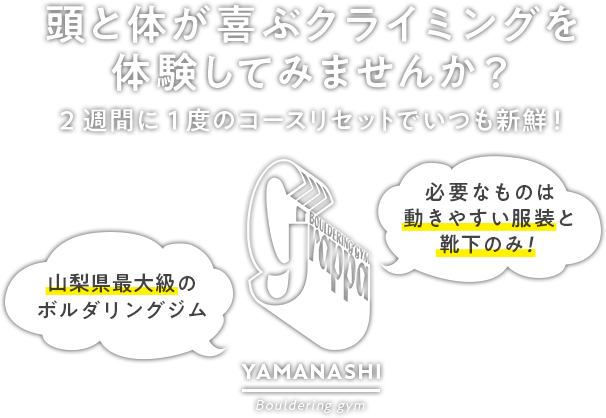 頭と体が喜ぶクライミングを体験してみませんか？2週間に1度のコースリセットでいつも新鮮！